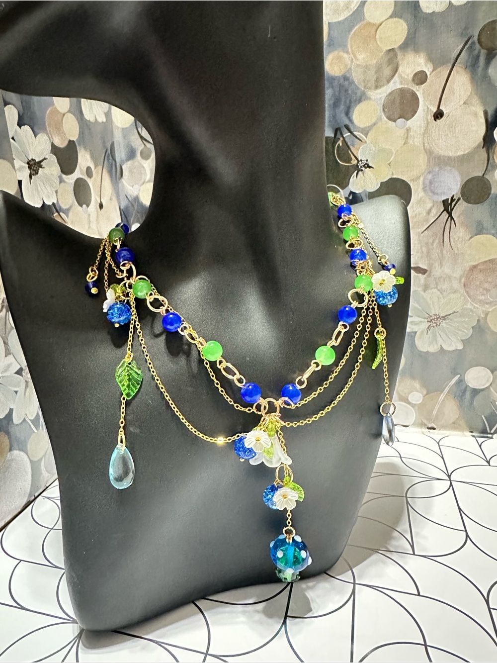 Gold-Chain Blue & Green Beaded Floral Statement Necklace